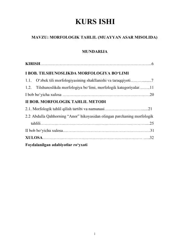 MORFOLOGIK TAHLIL (MUAYYAN ASAR MISOLIDA)