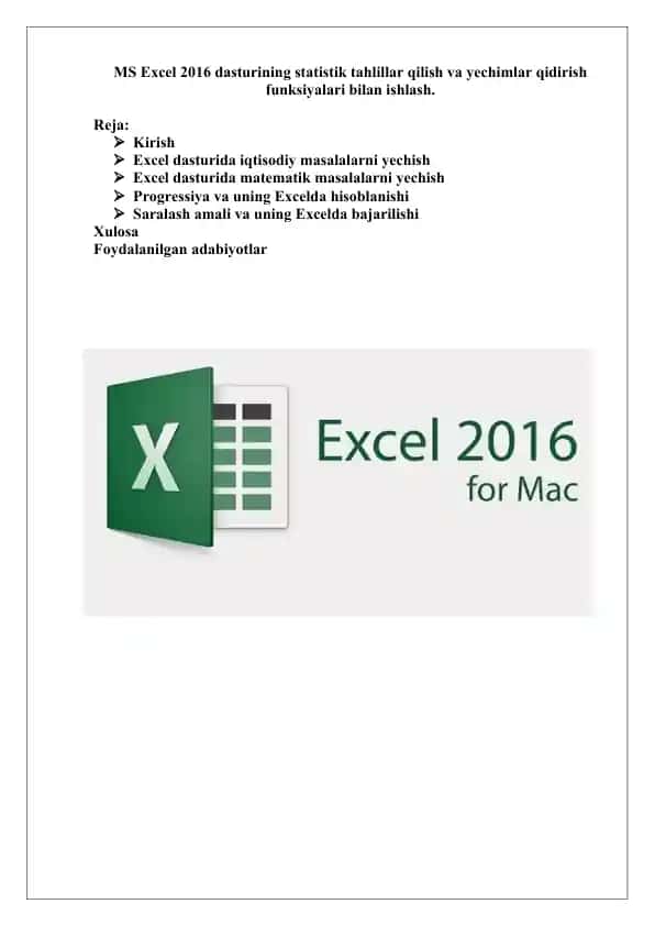 MS Excel 2016 dasturining statistik tahlillar qilish va yechimlar qidirish funksiyalari bilan ishlash