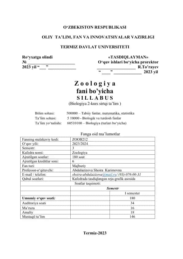 Silabus Zoologiya fani 2-kurs talabalari uchun