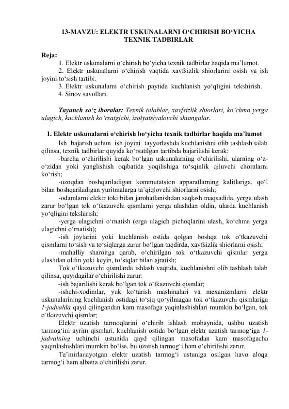 Elektr uskunalar ustidagi texnik tadbirlar