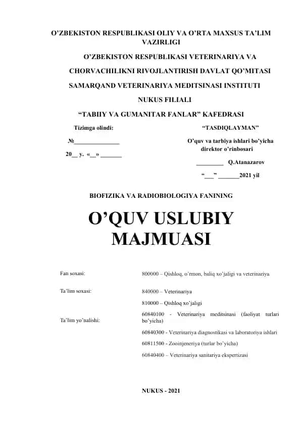 BIOFIZIKA VA RADIOBIOLOGIYA FANINING O’QUV USLUBIY MAJMUASI