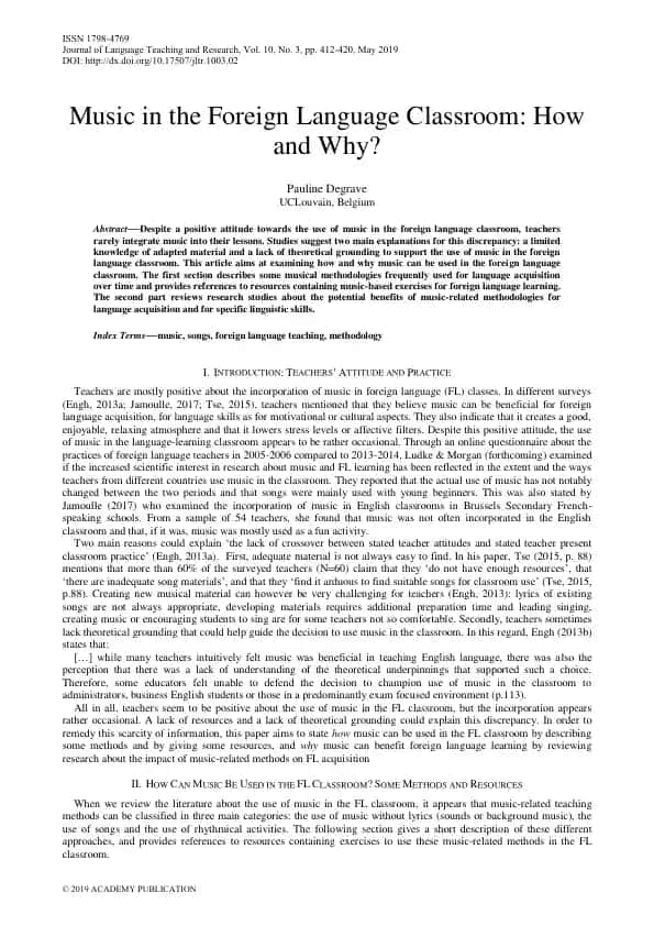 Music in the Foreign Language Classroom: How and Why?