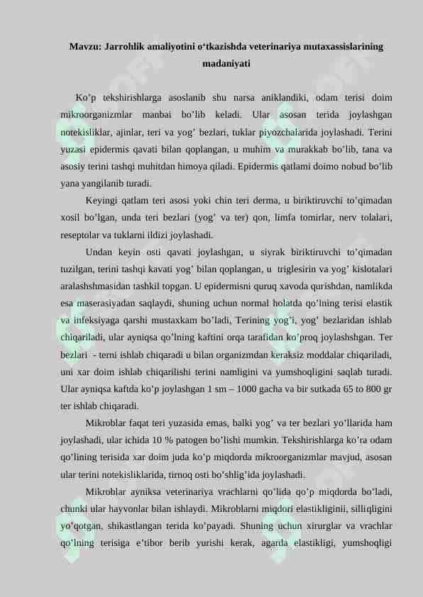 Jarrohlik amaliyotini o‘tkazishda veterinariya mutaxassislarining madaniyati