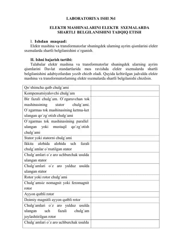 Elektr mashinalarini elektr sxemalarda shartli belgilanishini tadqiq etish