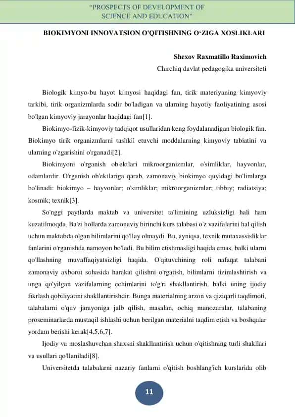 Biokimyoni innovatsion o'qitishning o‘ziga xosliklari