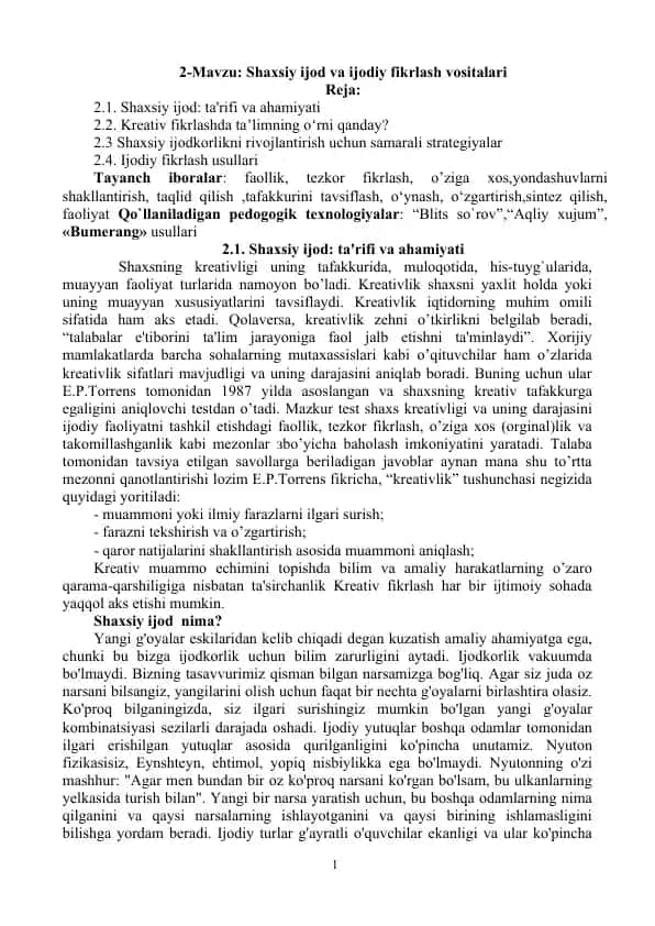 Shaxsiy ijod va ijodiy fikrlash vositalari