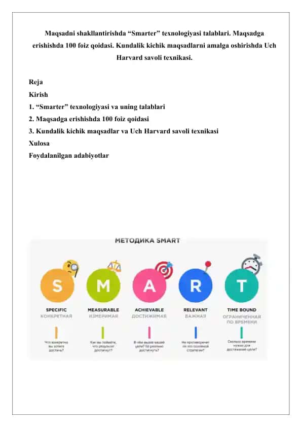 "Smarter" texnologiyasi, 100 foiz qoidasi va Uch Harvard savoli texnikasi