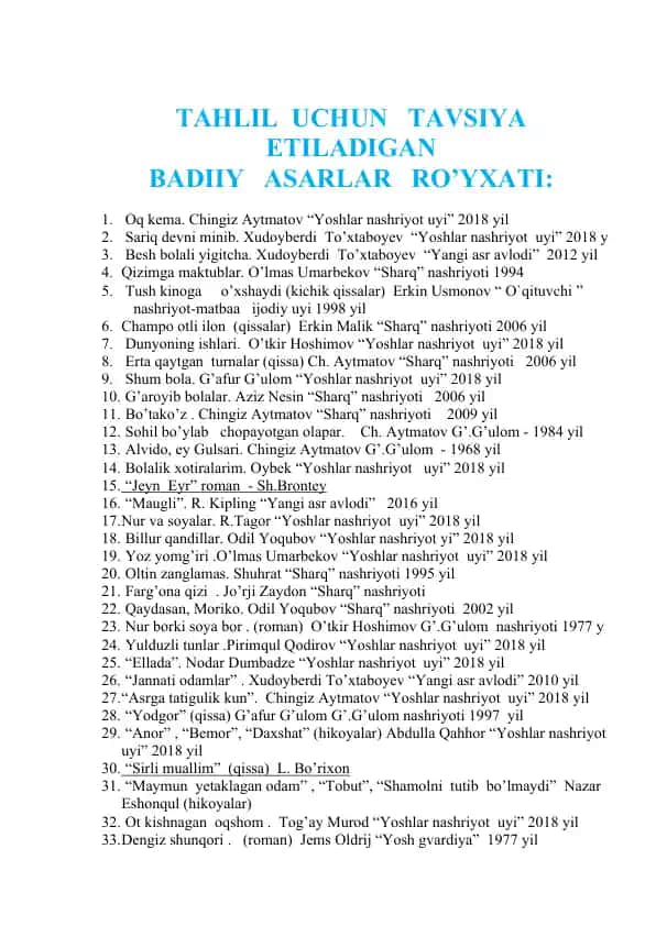 BADIIY ASARLAR RO’YXATI