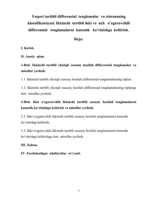 Yuqori tartibli differensial tenglamalar va sistemaning klassifikatsiyasi