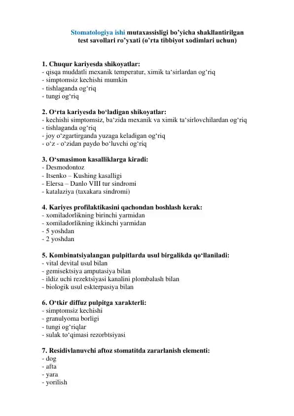 Stomatologiya isi mutaxassisligi bo’yicha shakllantirilgan test savollari ro’yxati (o’rta tibbiyot xodimlari uchun)