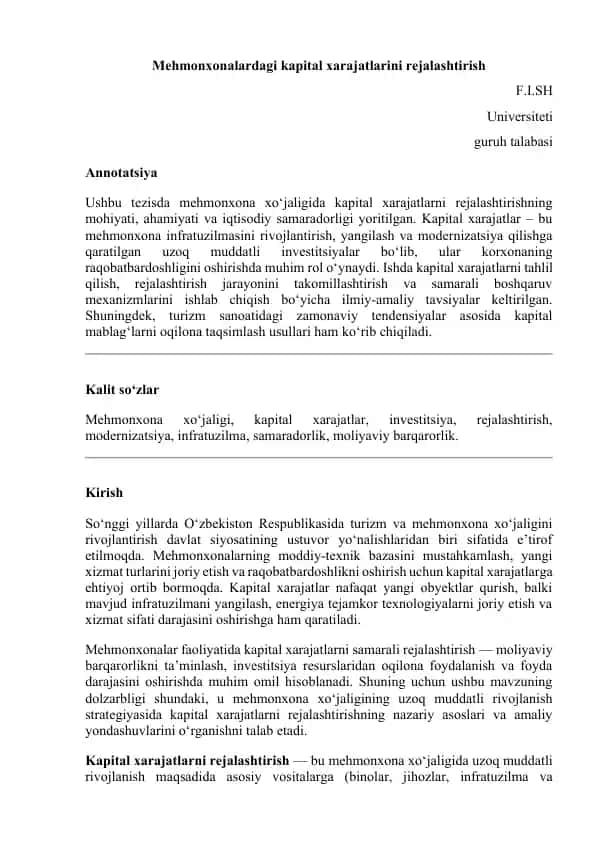 Mehmonxonalardagi kapital xarajatlarini rejalashtirish