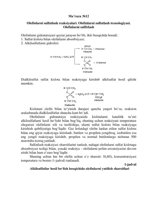 Olefinlarni sulfatlash texnologiyasi