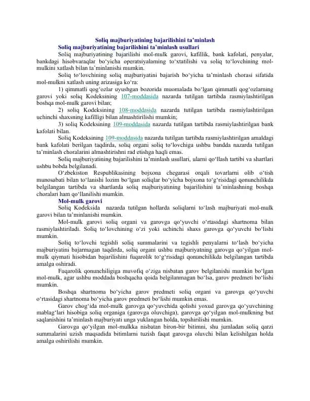 Soliq majburiyatining bajarilishini ta’minlash