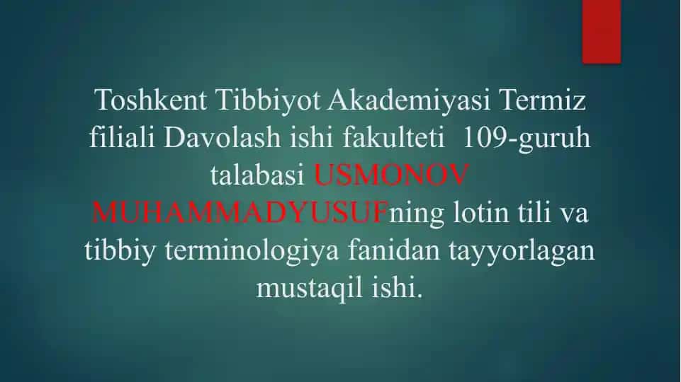 Tibbiyot va Tibbiy Terminologiya Fanidan Mustaqil Ish
