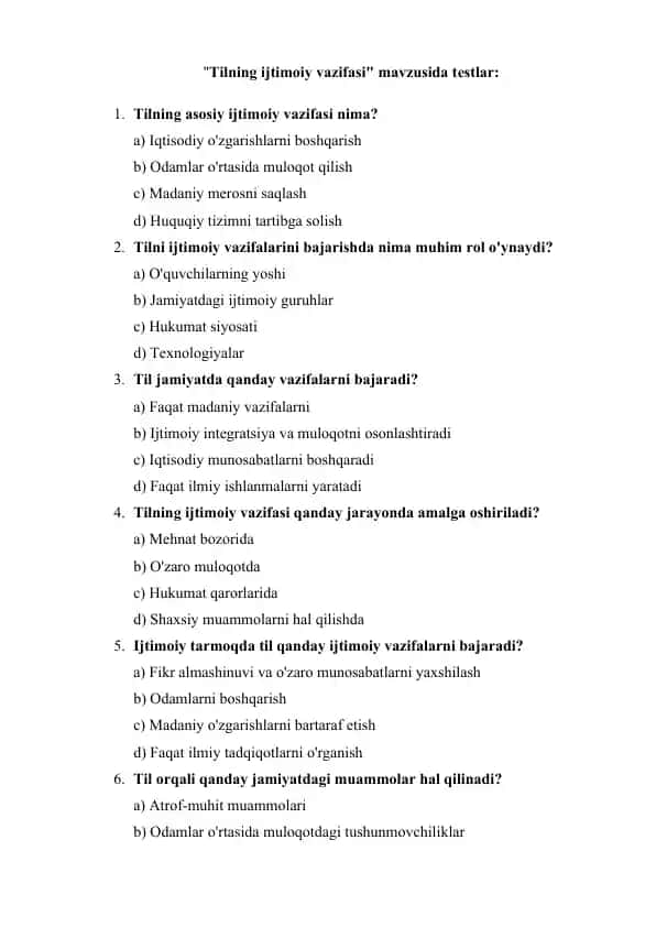 Tilning ijtimoiy vazifasi mavzusida testlar