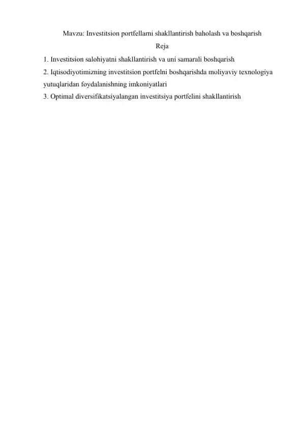 Investitsion portfellarni shakllantirish baholash va boshqarish