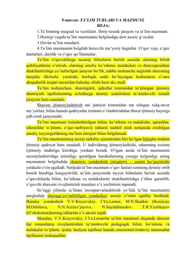 Ta’lim Turlari va Mazmuni
