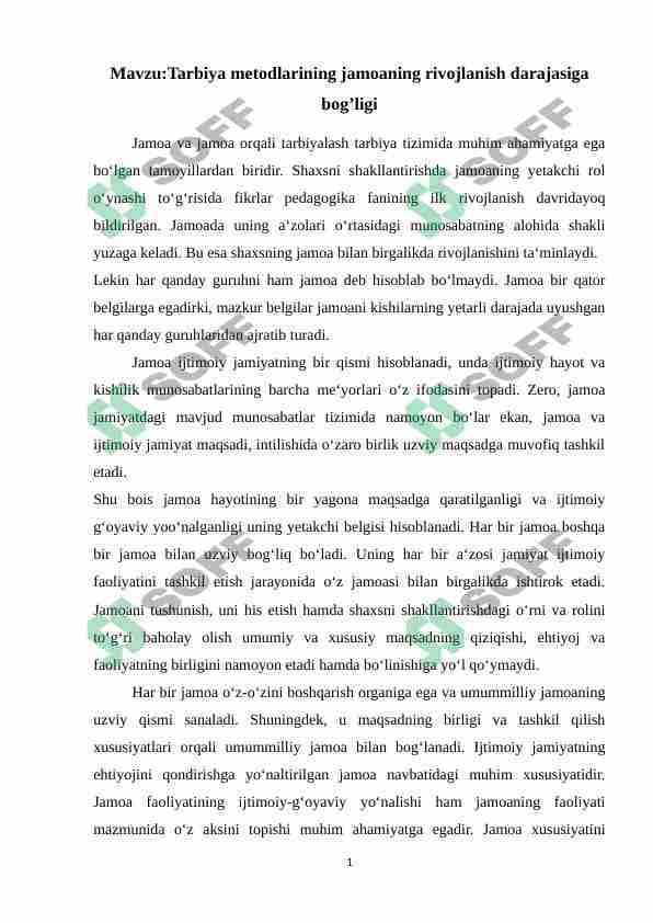 Tarbiya metodlarining jamoaning rivojlanish darajasiga bog’ligi