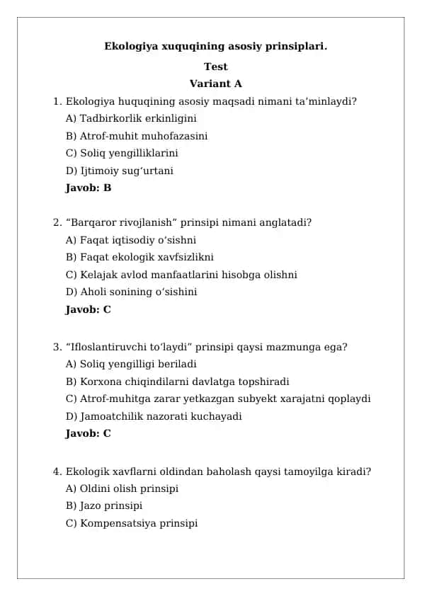 Ekologiya xuquqining asosiy prinsiplari