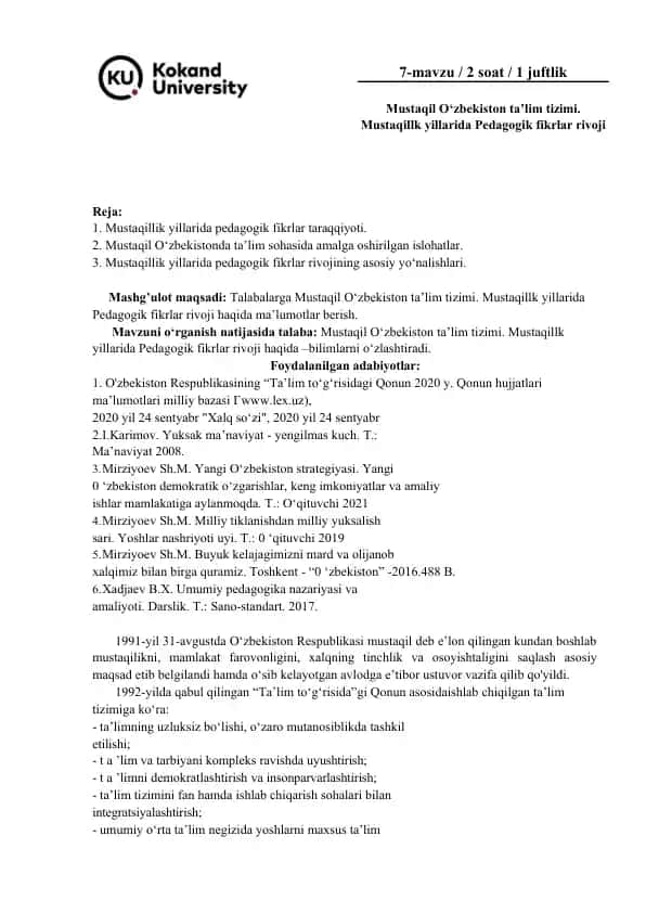 Mustaqillik yillarida pedagogik fikrlar taraqqiyoti