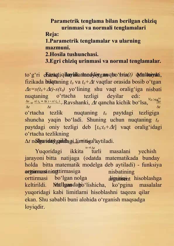 Parametrik tenglama bilan berilgan chiziq urinmasi va normali tenglamalari