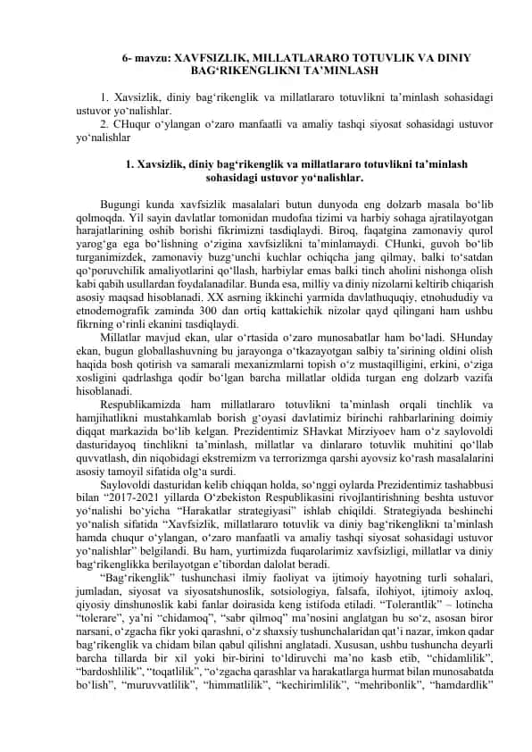 Xavfsizlik, millatlararo totuvlik va diniy bag‘rikenglikni ta’minlash