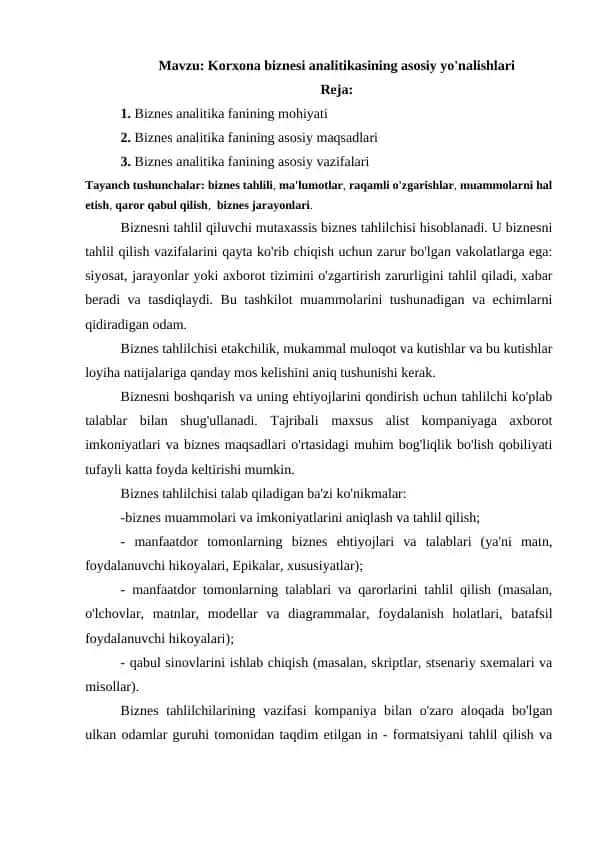 2-mavzu. Biznes analitika fanining mohiyati, predmeti, asosiy maqsad va vazifalari.docx
