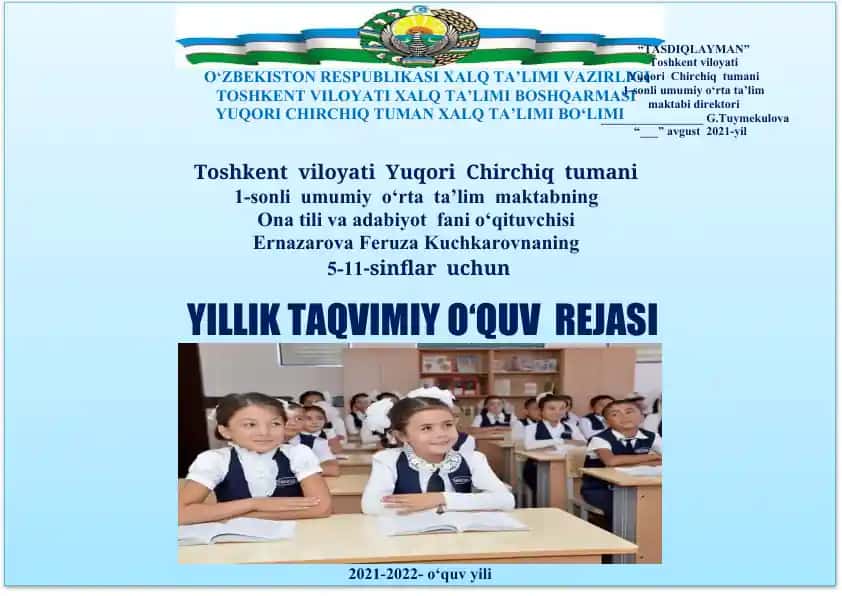YILLIK TAQVIMIY O‘QUV REJASI