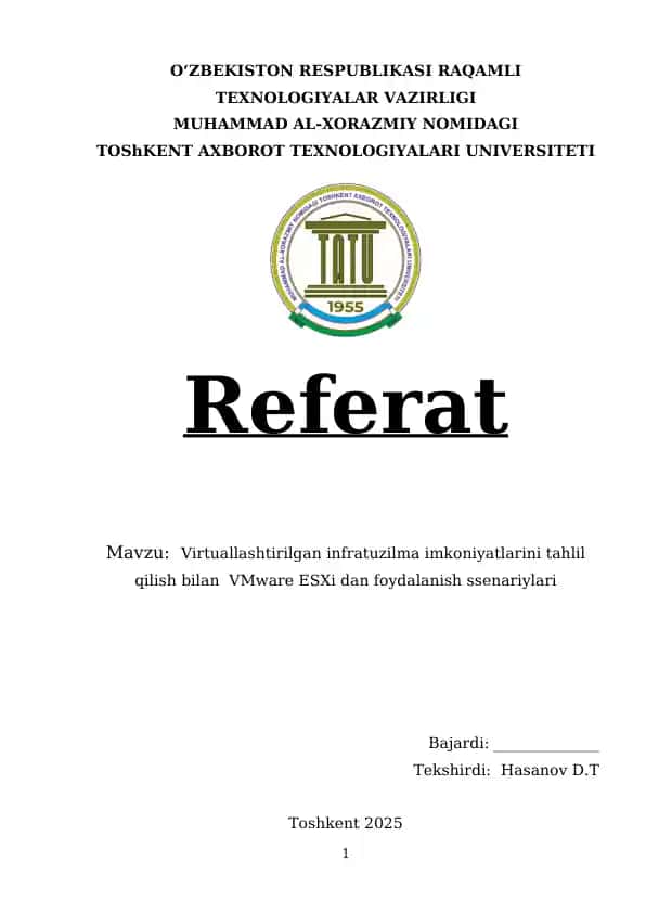 Virtuallashtirilgan infratuzilma imkoniyatlarini tahlil qilish bilan VMware ESXi dan foydalanish ssenariylari