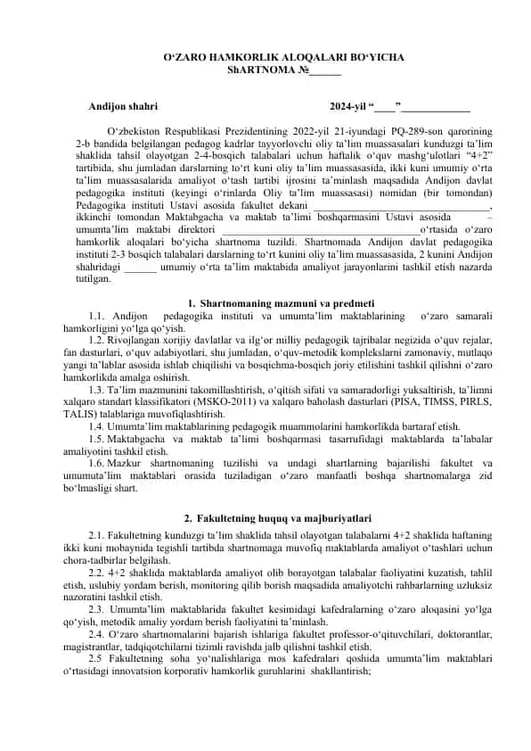 O‘ZARO HAMKORLIK ALOQALARI BO‘YICHA ShARTNOMA