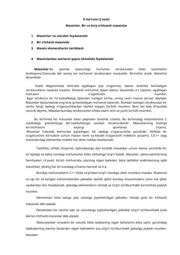 Dasturlashda Massivlar