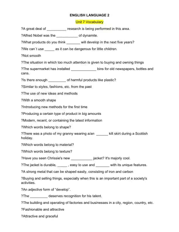 English Language 2 Unit 7 Vocabulary