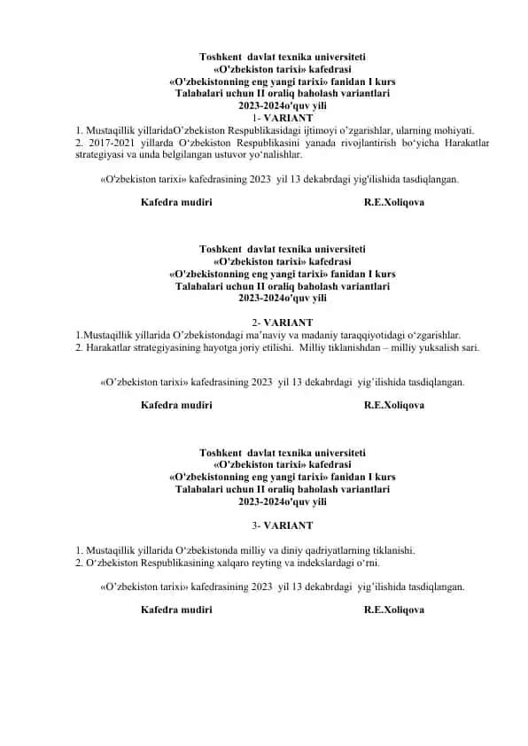 Oʻzbekistonning eng yangi tarixi fanidan II oraliq baholash variantlari