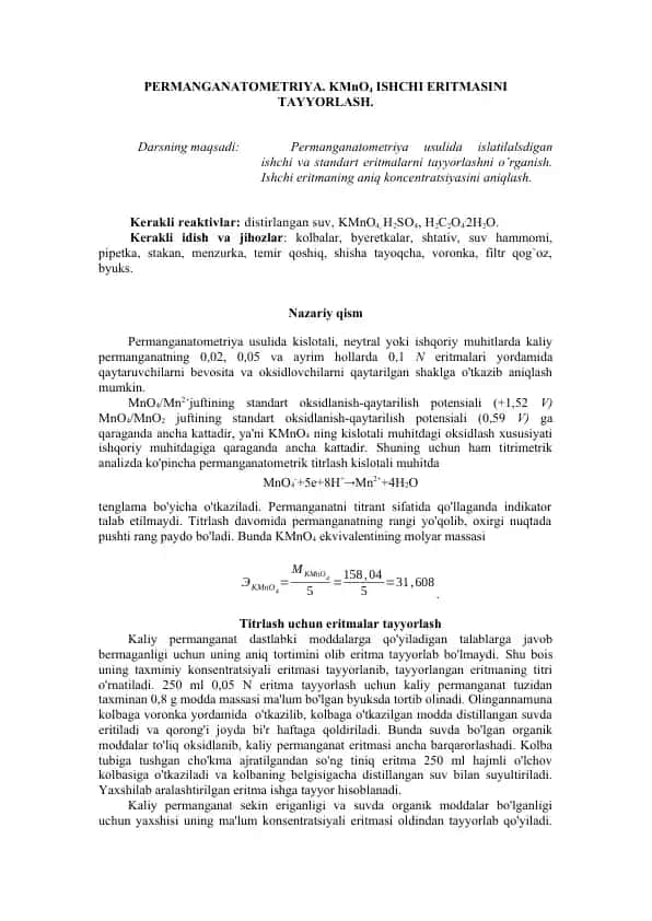 PERMANGANATOMETRIYA. KMnO4 ISHCHI ERITMASINI TAYYORLASH.