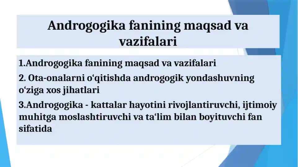 Androgogika fanining maqsad va vazifalari