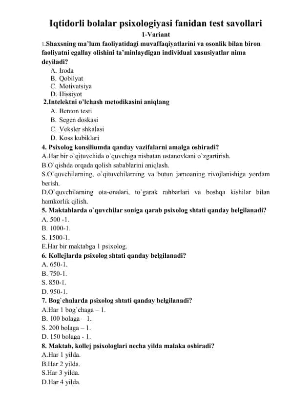 Iqtidorli bolalar psixologiyasi fanidan test savollari