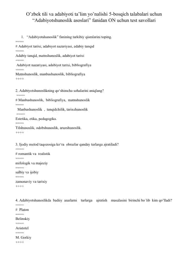 Adabiyotshunoslik asoslari test savollari