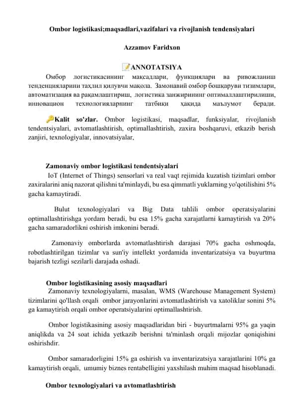 Ombor logistikasi maqolasi