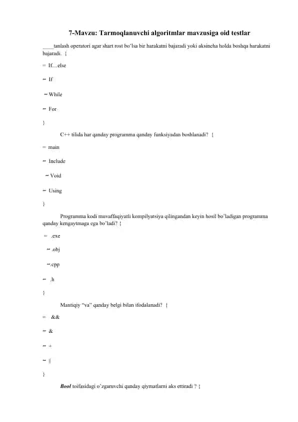 C++ tilida programma boshlanishi va mantiqiy operatorlar testi