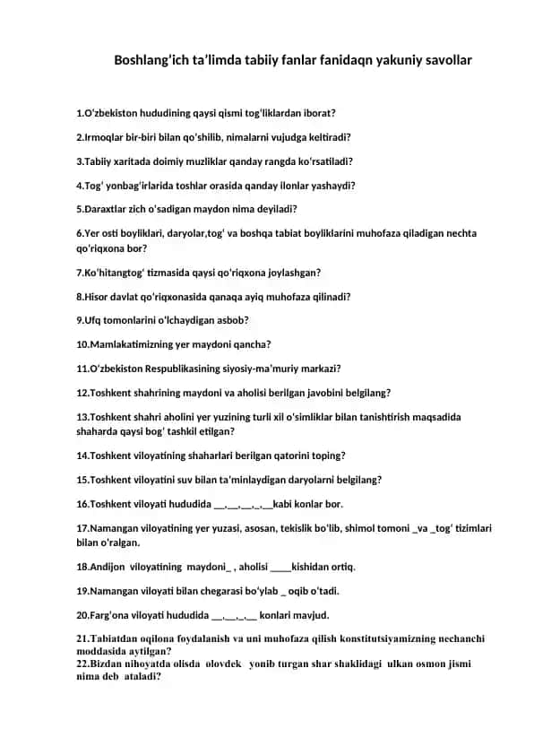 Boshlang’ich ta’limda tabiiy fanlar fanidaqn yakuniy savollar