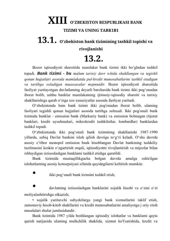 O'ZBEKISTON RESPUBLIKASI BANK TIZIMI VA UNING TARK1B1