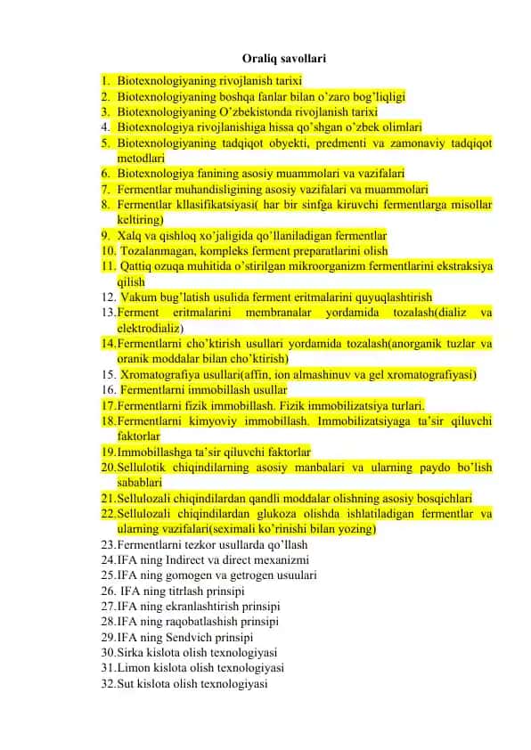 Biotexnologiya haqida savollar