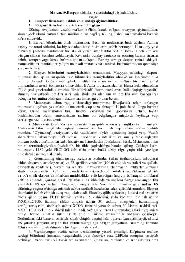 Ekspert tizimlar yaratishdagi qiyinchiliklar