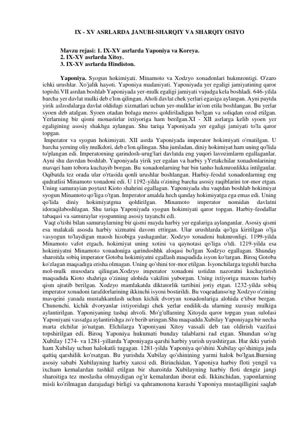 IX - XV asrlarda Janubi-Sharqiy va Sharqiy Osiyo