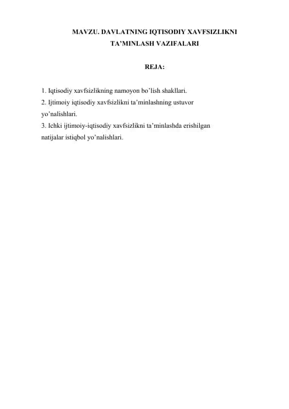Iqtisodiy Xavfsizlikning Ta’minlash Vazifalari