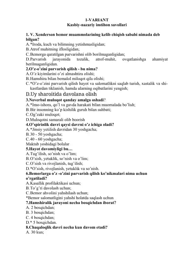 Kasbiy-nazariy imtihon savollari