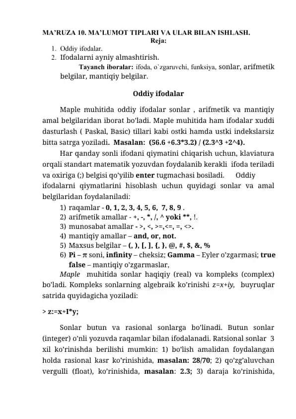 MA’RUZA 10. MA’LUMOT TIPLARI VA ULAR BILAN ISHLASH