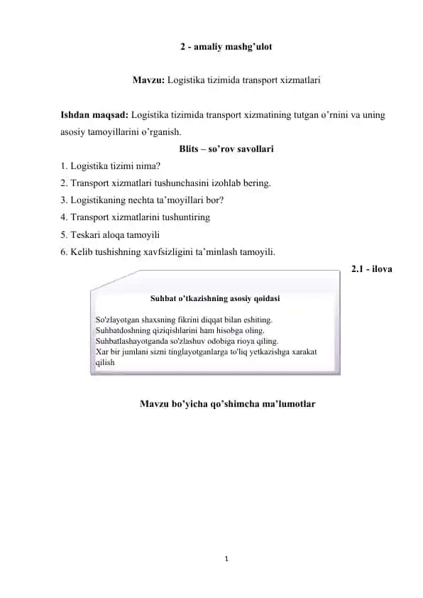 Logistika tizimida transport xizmatlari