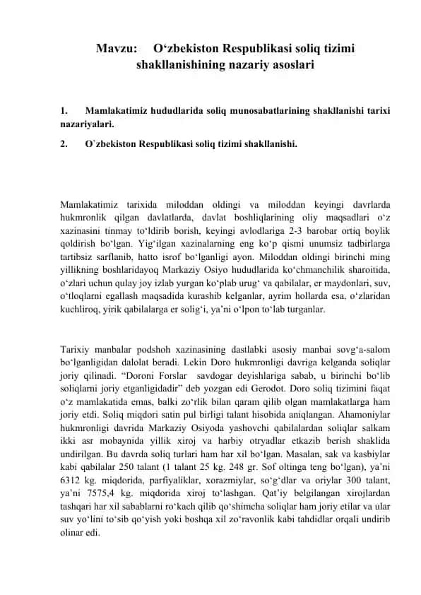 O‘zbekiston Respublikasi soliq tizimi shakllanishining nazariy asoslari