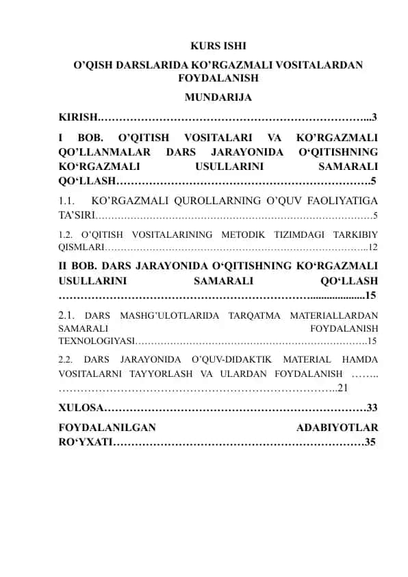 O’QISH DARSLARIDA KO’RGAZMALI VOSITALARDAN FOYDALANISH
